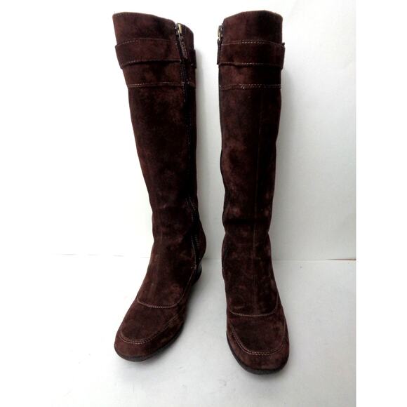 CIRCA JOAN & DAVID Tonia 6M Brown Suede Leather Wedge Heel Knee Zipper Boots - Picture 2 of 7